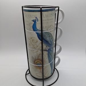 (SOld)Vintage Set of 4 stacking cups peacock with stand